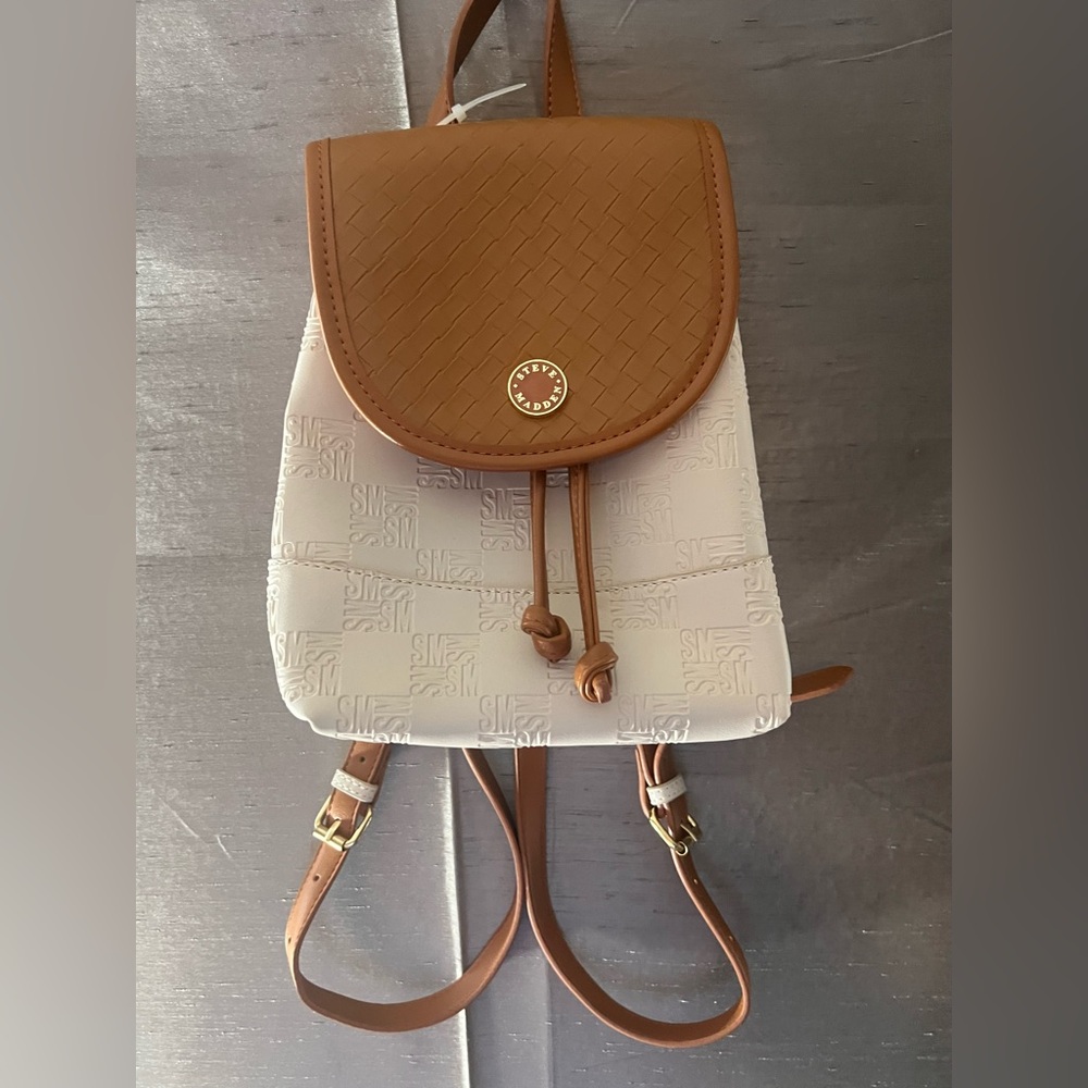 NWOT STEVE MADDEN Two-Tone Mini Backpack, Woven Flap and embossed SM LOGO